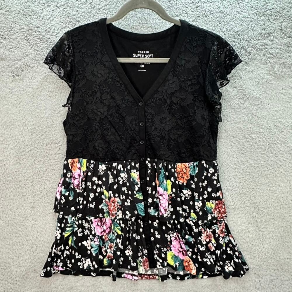 Torid Super Soft Size 00 Blouse Lace Floral Stretchy Comfort Boho Feminine FLowy